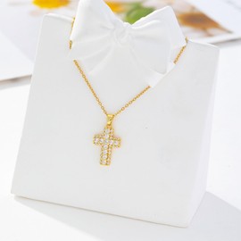 Jumcew 14k Gold Plated Cross Pendant Necklace - Trendy Gold Cross Chain with Dainty Cubic Zirconia Pearl for Women