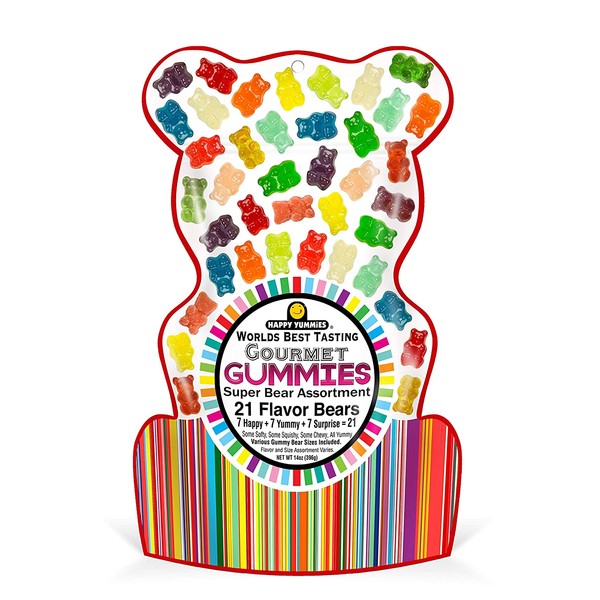 Happy Yummies Worlds Best Tasting Gourmet Gummy Candy 21 Flavor Super Bear Assortment 14oz (1 Pack)