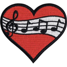Music Notes on Red Heart - 2.88" Embroidered Iron on Patch