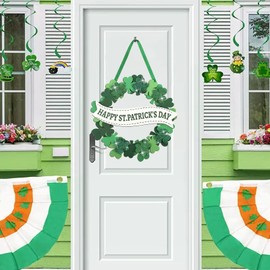 MUNORIAY St. Patricks Day Wreath Decorations, Happy St Patricks Day Shamrock Green Wreath for Front Door, Lucky Irish Blessing Wooden Sign Decor for Home Porch Wall & Door Window Decoration Party
