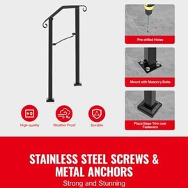 Happybuy Outdoor Handrails, Fit 2-3 Steps, Wrought Iron Arch Style, Flexible Porch Railing, Black for Concrete & Wooden Stairs