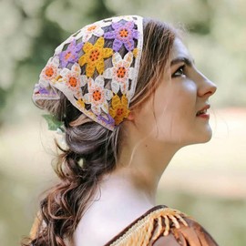Woeoe Crochet Triangle Headband Floral Knit Hair Bandanas Vintage Tie-Back Head Scarf for Women's Hair(3 Pcs)