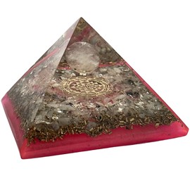 CHONIT Orgonite Pyramid, Pink White, Protection, Small with Rock Crystal as Decoration for Home