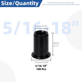 Glarks 100Pcs 5/16”-18UNC Rivet Nuts Kit Black Zinc Plated Carbon Steel Flat Head Rivnut Threaded Insert Rivet Nuts Assortment Set