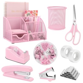 SKYDUE Pink Desk Accessories, Pink Office Supplies Set, Mesh Desk Organizer, Stapler, Tape Dispenser, Scissors, Binder/Paper Clips and 1000pcs Staples,Pink Desk Organizer for Women