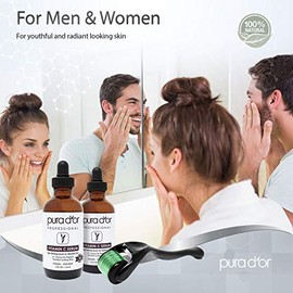 PURA D'OR Suero de vitamina C (4 oz) y rodillo Derma de 0,25 mm Microdermoabrasión Kit cosmético completo para el cuidado de la piel - 540 microagujas