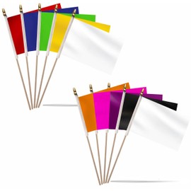 NJ & NJBW Mini Solid Colour Red Orange Yellow Green Blue Purple Pink White Black Blank Flag on Wooden Stick Small Miniature Handheld Rectangle Plain Pole Empty Flags Decorations for DIY