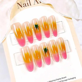 RikView Almond Press on Nails Long Fake Nails Pink Nails with Gradient Design Glossy Full Cover Nails for Women 15 Sizes - 30 PCs/Set