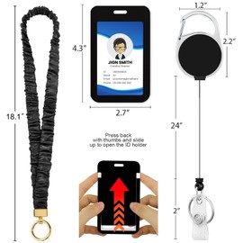 Stretchy Scrunchie Lanyards for ID Badges, Heavy Duty Retractable Badge Reel Keychain with Id Badge Holder for Cruise Ships Key Cards Nurse Officer Teacher Security Staff (Black)