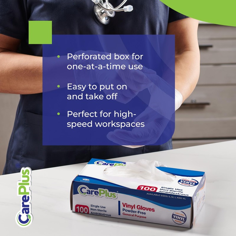 CARE PLUS Latex-Free Vinyl Gloves Clear Large Size 100 Count