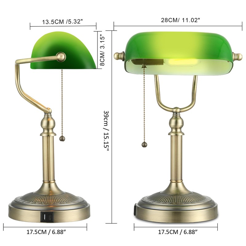 Newrays Green Glass Bankers Desk Lamp with Pull Chain Switch