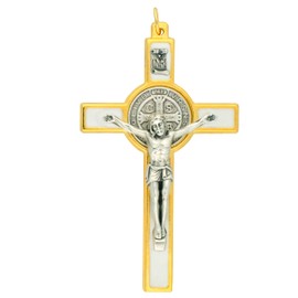 Gold-Tone and White Saint Benedict Crucifix Pendant | Includes Cord to Wear | 3.25" Inches Tall | Patron Saint of Students and Europe | Great Catholic Gift for First Holy Communion and Confirmation