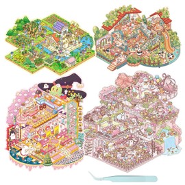 FOSDICK 4Sets Large 3D Sticker Scene, Sticker Therapy with Tweezers, Fun DIY 3D House Stickers, Cartoon Miniature Simulated Cabin Stacking Scene 3D House Sticker Set, Mini House Landscaping Stickers