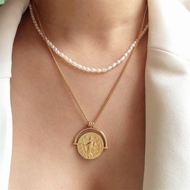 PELEIFA Dainty Necklace with Roman Coin, 18 Carat Gold-Plated Mythology Y Pendant, Agate