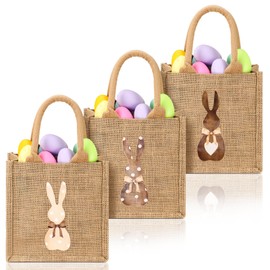 SilTriangle 3 Pcs Easter Bunny Bags Jute Easter Baskets Spring Egg Hunts Candy Gift Baskets Burlap Tote Bag for Easter Kids Boys Girls Eggs Candy Hunting Carrying Daily Use (Plain Colors)