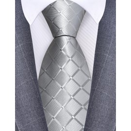 GUSLESON Mens Light Grey Tie Solid Plaid Checkered Silk Business Wedding Necktie (1034-03)