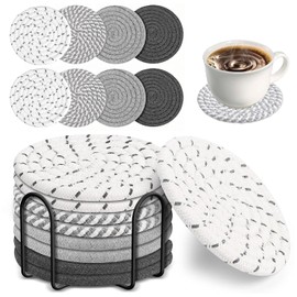 SYNMORE 8PCS Portavasos de Bebida de Cuerda de Algodón Trenzada de Antideslizantes con Soporte,Posavasos Resistente al Calor para Tazas, Cocina, Restaurante y Cafetería (8)