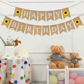 Banner Happy Birthday Garland Birthday Jute Sunflower Hessian Flag Happy Birthday Decoration Birthday Party Decoration for Adult Child Male Female
