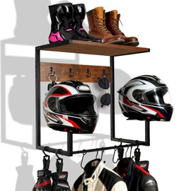NANXITU Motorcycle Helmet Holder Wall Mount, Wooden Helmet Display Stands with Metal Frame Tiered Organizer,with 2 Helmet Rack,4 Glove Chips and 8 Hooks for Motorcycle Gear Accessories Storage
