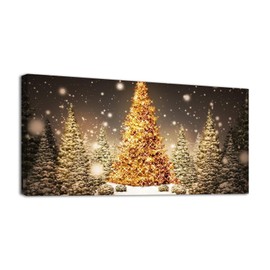 YONICA Christmas Canvas Wall Art for Home Office Decor - Golden Christmas Tree Paintings Print On Canvas HD Giclee Artwork Ready to Hang 40'' L x 20'' W(100x50cm)