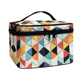 Wdktrgetd Geometric Lattice Square Makeup Bag for Women Travel – Large-Capacity Cosmetic Organizer with 5 Brush Pockets & Elastic Bands | Polyester Makeup Bag for Purse