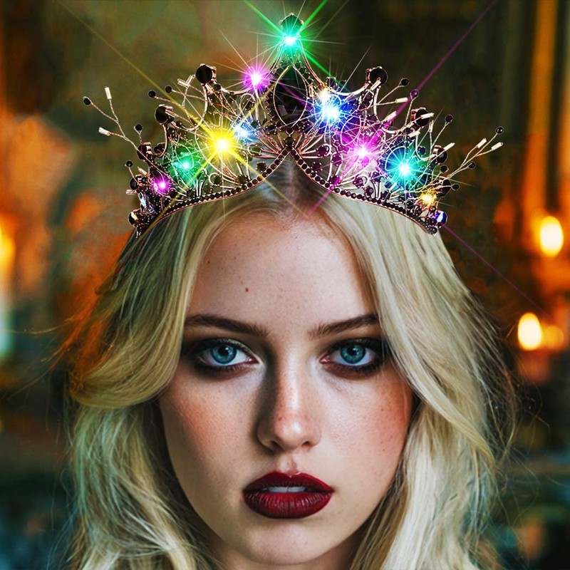 Kilshye Light Up Black Rhinestone Crown LED Gothic Tiara Headband