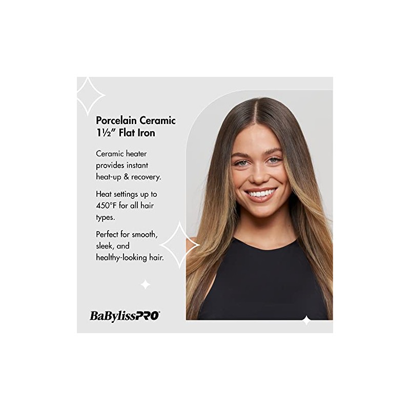 BaBylissPRO Porcelain Ceramic Flat Iron Hair Straightener, 1 1/2" Digital