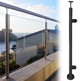 Glass Stair Railing Post 2pcs System Stainless Steel 304 Staircase Handrail Balusters with Glass Clamp and Rubbers, Silver Metal Balustrade 110cm Suitable for Stairs (Black，SS 304, End Post)