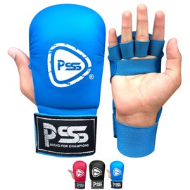 PSS Kids Karate mitt gloves for Boxing Martial Arts jab Training sparring junior pads open finger palm style Without Thumb Black Blue & Red Color 1018 (1018 Blue, M)