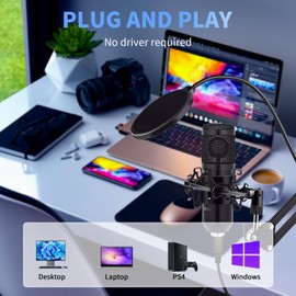 USB Condenser Microphone,Computer PC Microphone Kit with Adjustable Boom Arm Stand Shock Mount for YouTube Vocal Gaming Streaming