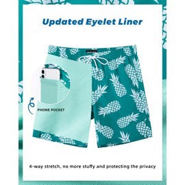 SURF CUZ Mens Swim Trunks with Compression Liner 7" Swimming Trunks Quick Dry Swim Shorts Stretch Bathing Suit Board Shorts Zipper Pockets Green White Pineapple Large