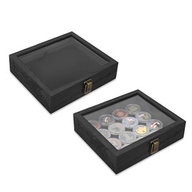 MOOCA 2 Pcs Set Tempered-Glass Top Small Wooden Jewelry Display Case with Removable Black Luxurious Velvet Jewelry Display Pad, Deeper 2.2" Design for Collectibles, Black Color.