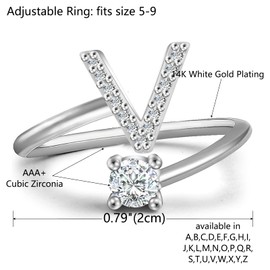 Haoze Initial Letter Ring for Women Rose Silver Stackable Alphabet Rings with Initial Adjustable Crystal Inlaid Initial Rings(V Silver)
