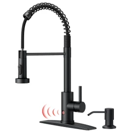 FORIOUS Black Touchless Kitchen Faucet with Soap Dispenser, Motion Sensor Activated Smart Sink Faucet with Pull Down Sprayer Single Handle Hands Free for Farmhouse Camper RV