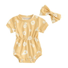 Yoawdats Baby Girls Rompers Daisy Print Infant Bodysuits Summer Clothes with Headband Cute Baby Girl Clothes Cotton Linen (Yellow, 0-3 Months)