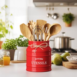 Barnyard Designs Ceramic Farmhouse Utensil Holder for Kitchen Counter, Large Rustic Utensil Crock, Countertop Cooking Tool Spatula Organizer, 6.75” (Red)