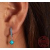Finos Aretes Plata S925 Huggies Minimalista Piedra Turquesa