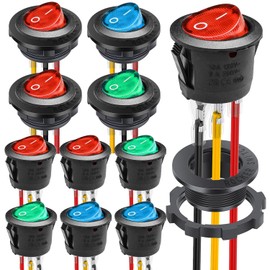 Waterproof Round Rocker Switch, Waterproof Toggle Switch, 10 Pack Red Blue Green LED Toggle Switch, AC 6A 125V 10A 250V Rocker Switch, with 4 Pack Shell and 30 Pack Terminal Wire for, Marine, Car