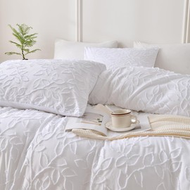 Bedorm White Tufted Duvet Cover King Leaf Bedding Set Shabby Chic Jacquard Design Extra Soft Cozy Embroidery Bedding Farmhouse White Duvet Cover Set