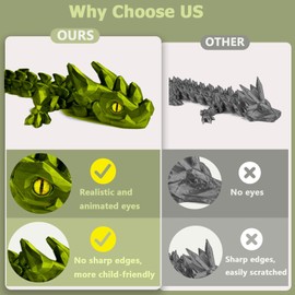 12in Flexible 3D Printed Dragon with Eyes, Articulated Fidget 3D Printed Animals, Stress Relief 3D Printed Toy for Anxiety & ADHD, Unique Home Office Décor