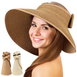 ytorgr 2Pcs Straw Hat Women Foldable Visor Hats,Sun Visors for Women Wide Brim Straw Ponytail Summer Beach Hat White