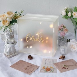 OurWarm - Caja de tarjetas de boda de acrílico con cadena de luz, caja de regalo esmerilada para decoración de boda para recepción, caja de dinero para decoración de despedida de soltera, fiesta