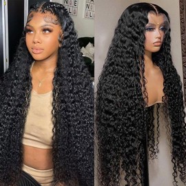 Rujoe Deep Wave Lace Front Wigs Human Hair Pre Plucked 150% Density 13x4 HD Transparent Lace Frontal Wigs Human Hair For Women Deep Curly human hair wig (13x4 deep wave wig, 32 inch)