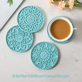 Colinda Silicone Coasters for Drink, 6 Pack Coasters with Holder, Cup Mat Set for Hot and Cold Drink and for Table Top Protection, Bar Coasters,3 Different Patterns for Home Office Decor,Turquoise