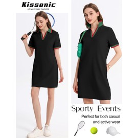 Kissonic Women Polo Dress V Neck Short Sleeve A-line Sweatshirt Dress Loose Fit Tennis Golf Dresses(Black-XLarge)