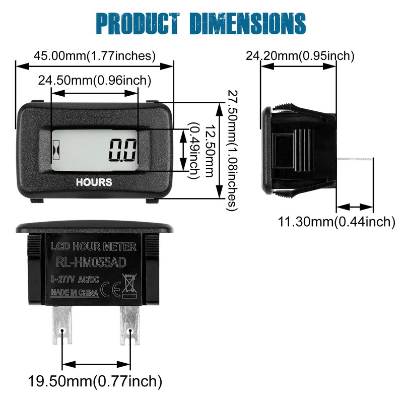 Runleader Digital Maintenance Hour Meter,AC/DC 5V to 277V for Garden