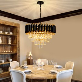 Aixialin Modern Chandelier Gold and Black Crystal Chandeliers 4-Tier 20 Inch Round Hanging Crystal Pendant 7 Lights Fixture for Dining Room Bedroom Living Room Farmhouse, Clear