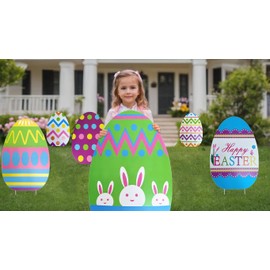 GIFTEXPRESS 6 Pcs Giant Easter Egg Yard Sign - 26 Inch Tall Yard Decorations w/Metal Stakes - Egg Hunt Decor for Outdoor Lawns, Pathway or Walkway