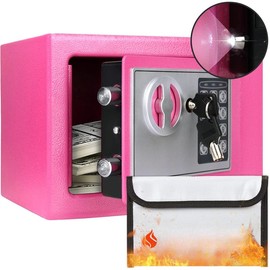 Money Safe Box for Home with Sensor Light & Fireproof Security Safe Box for Money Safe with Keys & Pass Code, Lock Box Fireproof Safe with Digital Keypad - Color: Pink, Size: 0.23 Cubic Feet