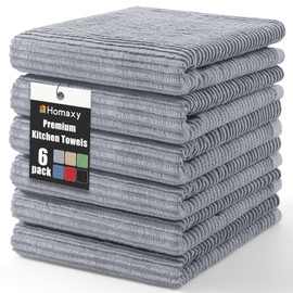 Homaxy Premium Kitchen Towels (18"x 28", 6 Pack), Large 100% Cotton Kitchen Hand Towels, Ultra Absorbent Ribbed Terry Tea Towels Set with Hanging Loop, Grey